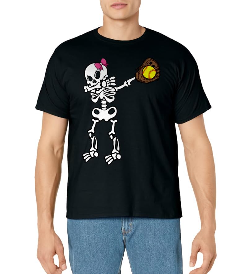 Softball Skeleton Dabbing Player Halloween Costume Party T-Shirt