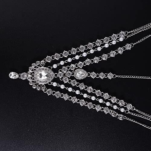 JWICOS Boho Rhinestone Head Chain Pearl Headchain Bride Headpiece Headband Wedding Hair Accessories for Women and Girls (Silver)