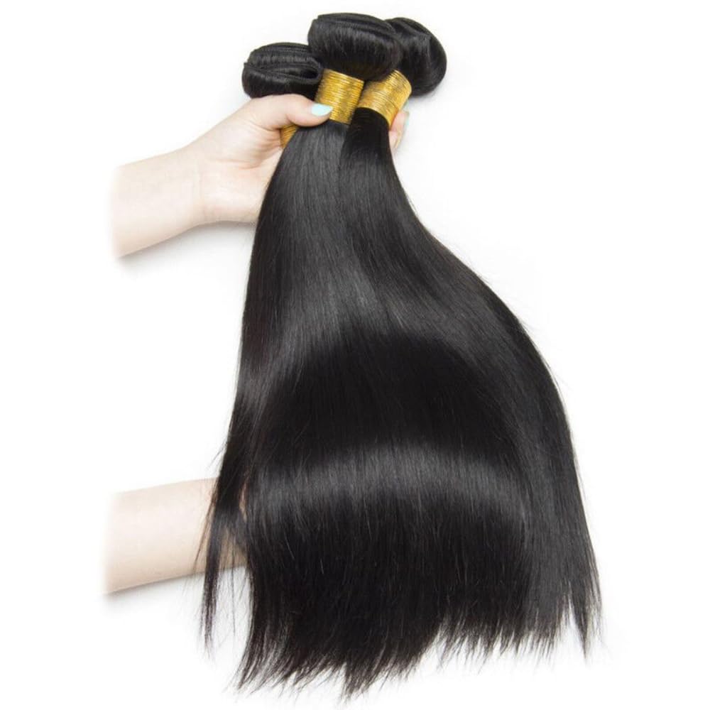 Straight Human Hair Bundles 3 Bundles 24 26 28 Inch 100% Unprocessed Brazilian Virgin Straight Weave Bundles Extensions For Women Natural Color