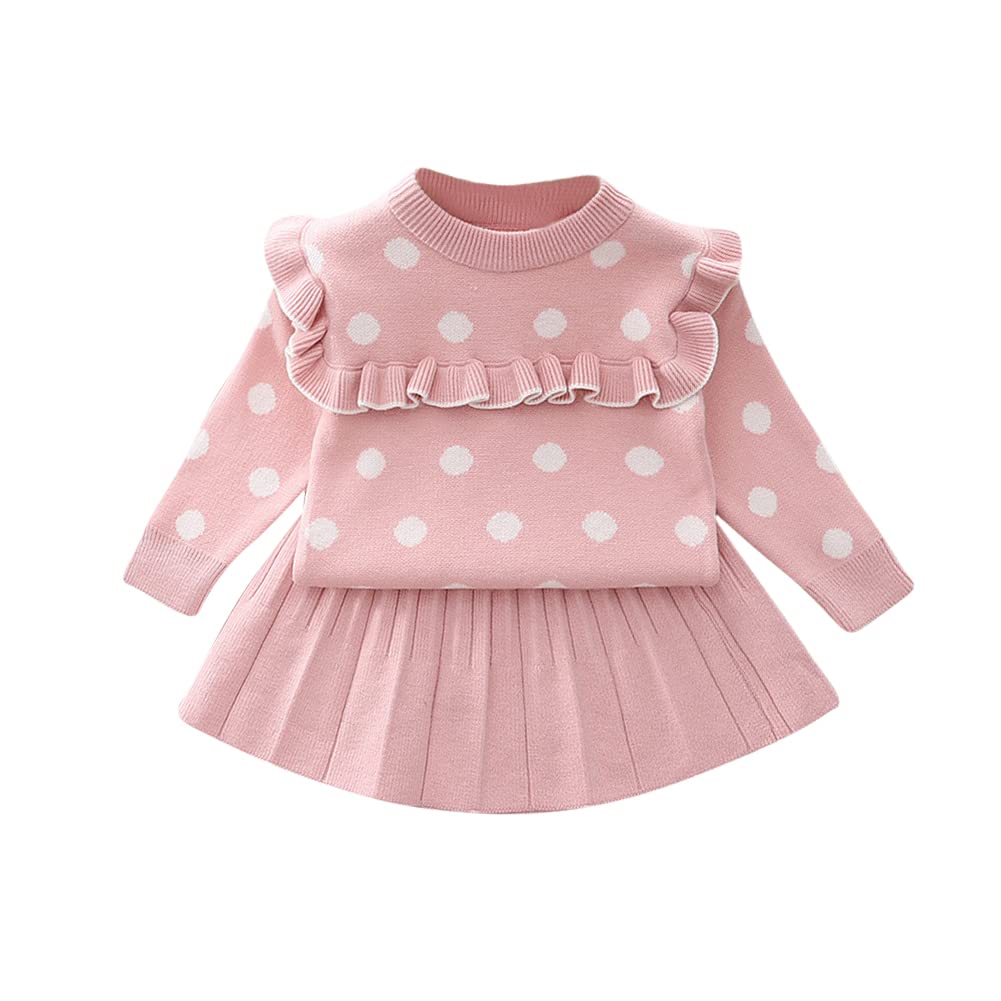 Girls Autumn Winter Fall Clothes Knit Long Sleeve Ruffle Sweater Top+Pleated Mini Tutu Skirt 2pcs Outfit for Kids Princess Casual Playwear Homewear Clothing Set Pink-Polka Dots 18-24 Months