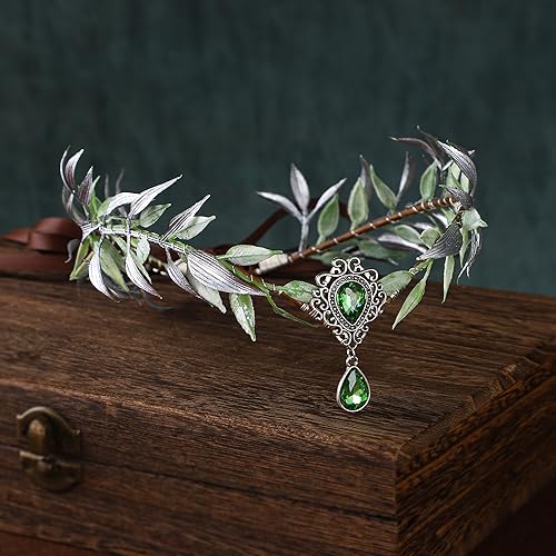 MOSTORY Handmade Green Fairy Flower Crown - Woodland Elf Circlet Forest Leaf Headpiece Elven Wreath for Women Girls Renaissance Halloween Cosplay Party Costume