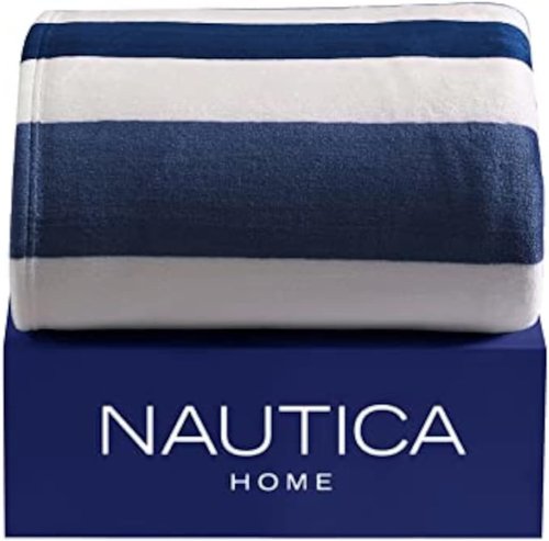 Nautica King Size Blanket - Soft Plush Oversized Striped Bedding in Awning Stripe Blue