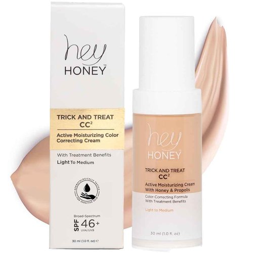 Hey Honey Trick and Treat CC Cream SPF 46 - Active Moisturizing Color Correcting Cream with Honey & Propolis for Rosacea Relief | 1 oz (Light-Medium)