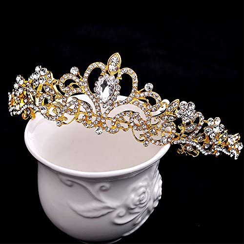 Quinceanera Princess Crown for Adult Rhinestone Tiara Birthday Bridal Pageant (Gold)