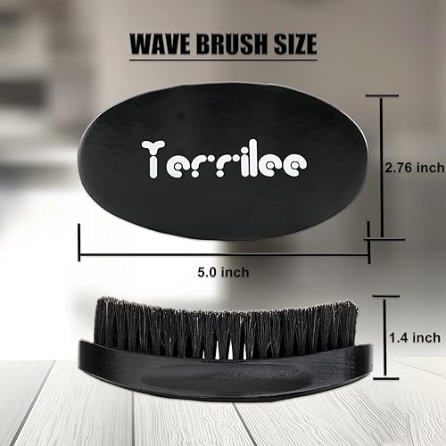 Terrilee Palm Wave Brush - 360 Curved Beech & Medium Hard Boar Bristles for Black Men's Wave Hairstyling (Black with box)