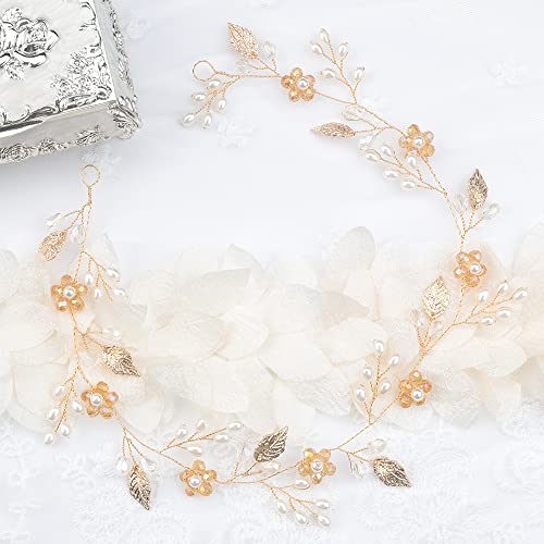 Teyglen Wedding Bride Rhinestones Pearls Crystal Headband Hair Vine Handmade Bridal Rose Gold Flower Beads Leaf Headband Wedding Hair Accessories for Brides Floral Hair Pieces Headpieces for Women