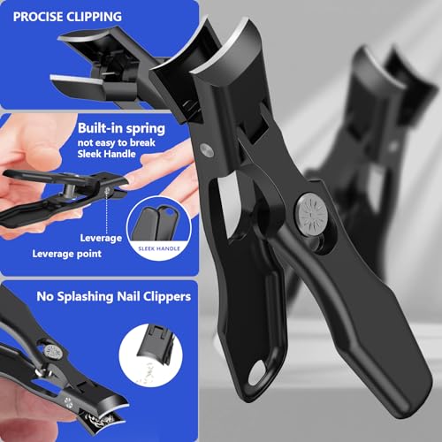 Nail Clippers for Men Thick Nails,INXEN Wide Jaw Opening No Splash Fingernail Clipper with Catcher,German Toe Nail Clippers for Thick Nails for Seniors, Stainless Steel Nail Cutter for Adult，Black