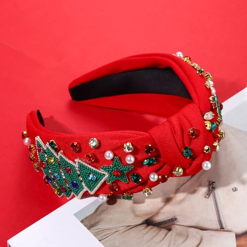 Christmas Headband for Women Rhinestone Snowflake Headband Embellished Crystal Pearl Knotted Headbands Wide Top Knot Xmas Holiday Headband Christmas Hair Accessories Outfits Gifts (Snowflake Black)