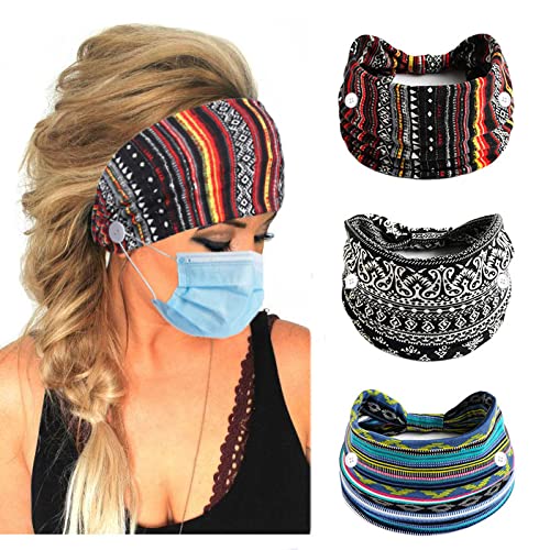 Aceorna Boho Button Headband Wide Knotted Hairbands Stretch Nurse Headbands Women Head Wraps Workout Ear Saver Hair Band Leopard Turban Headwear Yoga Hair Accessories for Women 3 Pcs (Set e)