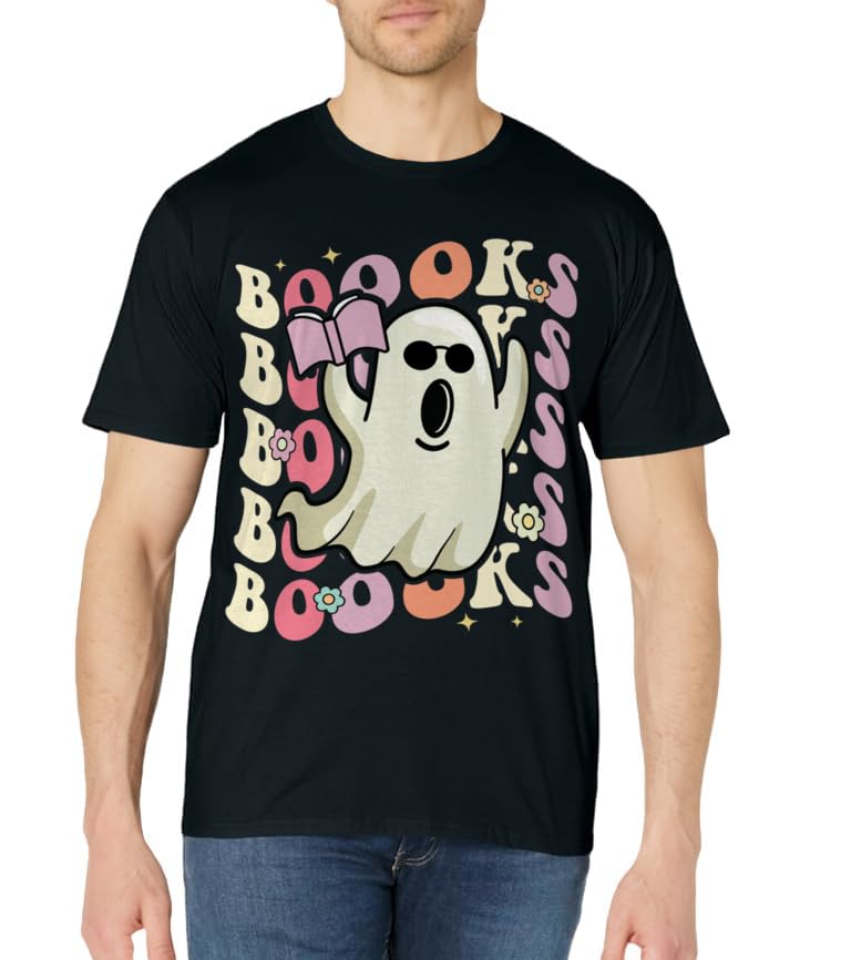 Boooks Ghost Groovy Book Reading Halloween Teacher Women T-Shirt