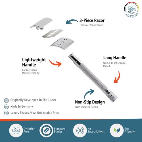 Merkur 25C Double Edge Safety Razor - Bright Chrome, Open Comb Design, Long Handle, Plastic-Free