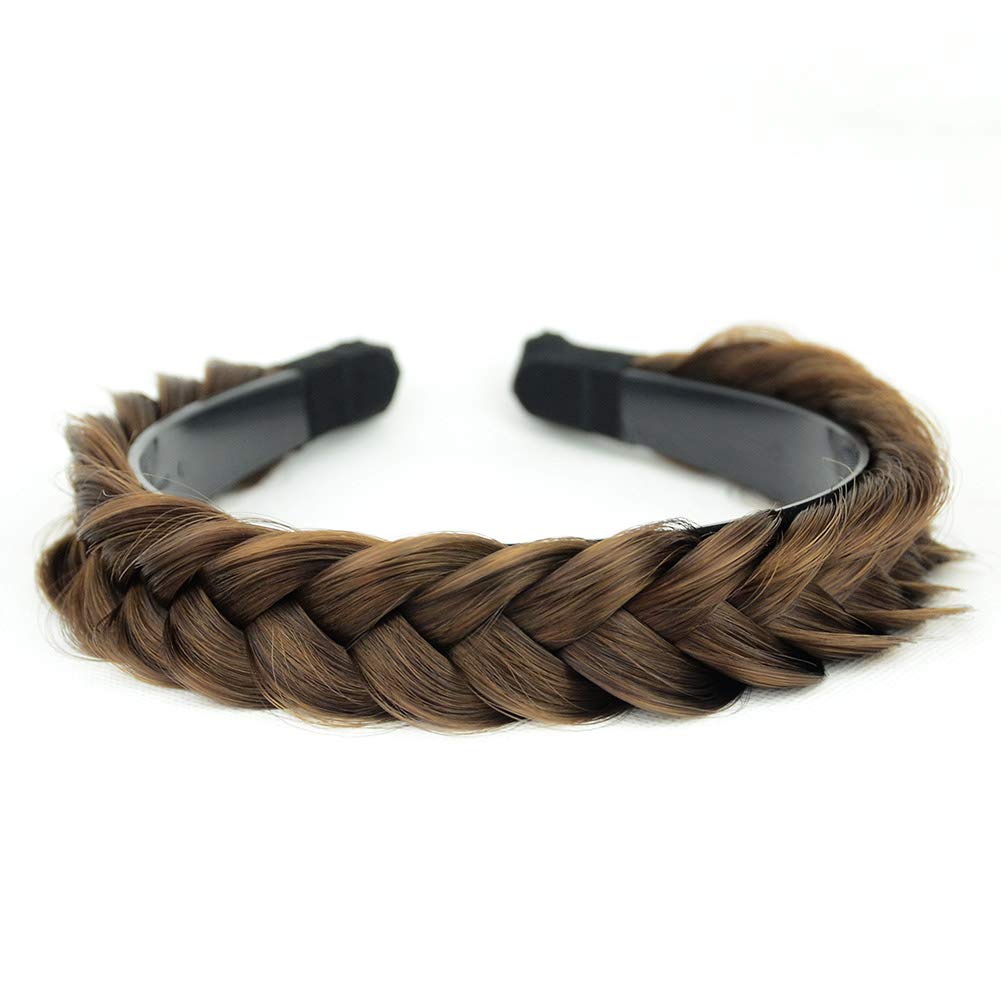 DIGUAN Headband Synthetic Hair Plaited Headband Braid Braided With Teeth Hair Band Accessories for Women Girl Width 1 Inch (W-Dark Brown)