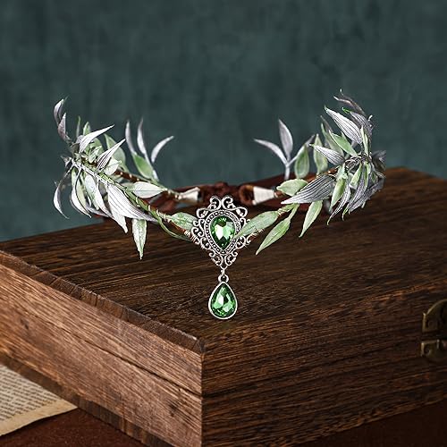 MOSTORY Handmade Green Fairy Flower Crown - Woodland Elf Circlet Forest Leaf Headpiece Elven Wreath for Women Girls Renaissance Halloween Cosplay Party Costume