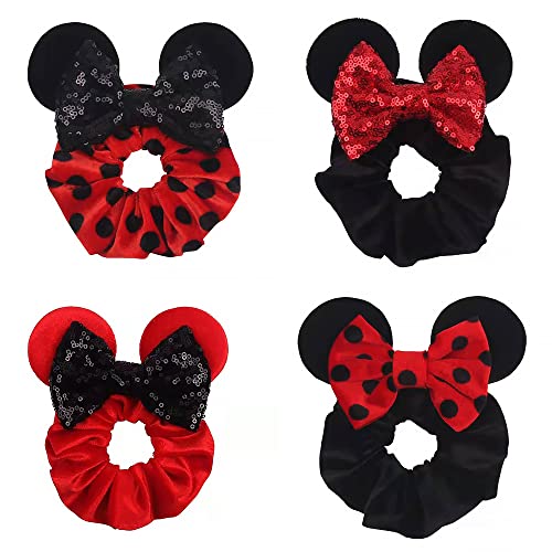 JIAHANG Velvet Mouse Ear Hair Scrunchies Dot Costume Sequins Bow Ponytail Holder Elastic Hair Tie 4 Pack for Girls Women(COLOR E)