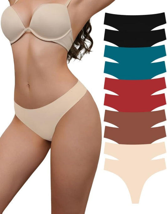 Skiennix Seamless Thongs - V-Waisted Invisible No Show Breathable Stretch Underwear | 6-Pack