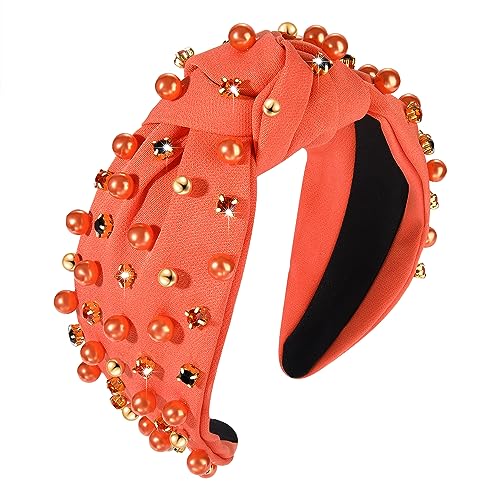 HSWE Halloween Headband Pearl Crystal Knotted Headband for Women Rhinestone Jeweled Embellished Wide Top Knot Hairband Halloween Costume Cosplay Party Favors