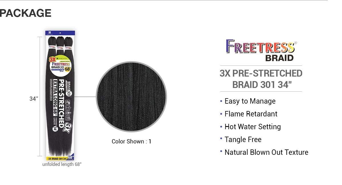 FreeTress Natural Texture Braids 3X Pre-Stretched Braid 301 34" (3-PACK, CB427)