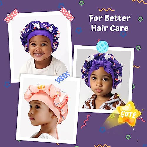 Lolalet 2 PCS Kids Bonnets for Girls, Reversible Silk Bonnet for Sleeping Satin Bonnet Cap with Wide Elastic Band -Purple & Pink