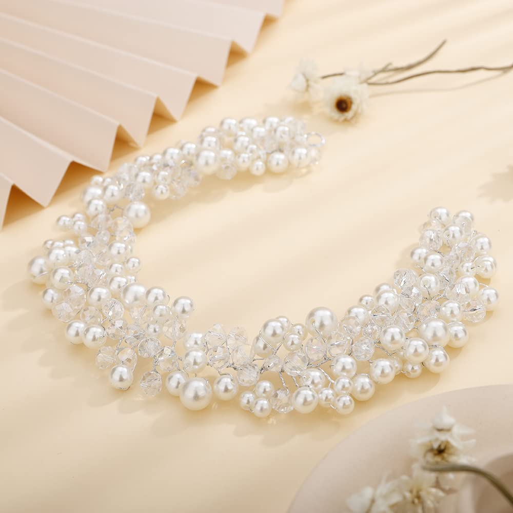 Teyglen Wedding Bride Pearl Crystal Headband Hair Vine Handmade Bridal Silver Rhinestones Beads Headband Wedding Hair Accessories for Brides Hair Pieces Headpieces for Women Girl (Silver)