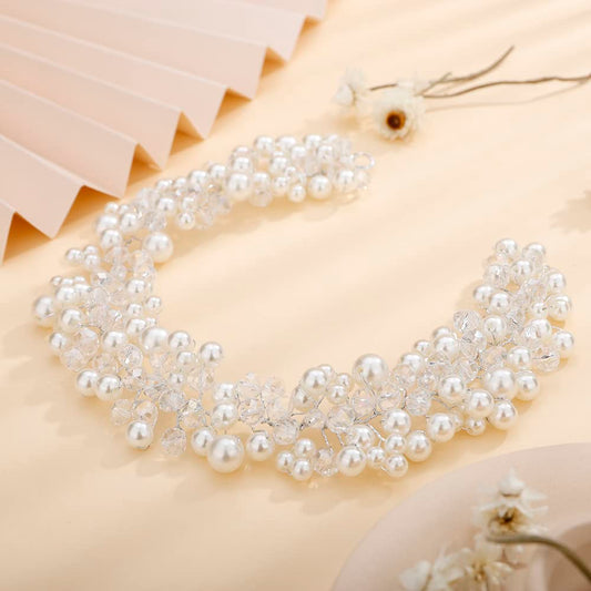 Teyglen Wedding Bride Pearl Crystal Headband Hair Vine Handmade Bridal Silver Rhinestones Beads Headband Wedding Hair Accessories for Brides Hair Pieces Headpieces for Women Girl (Silver)