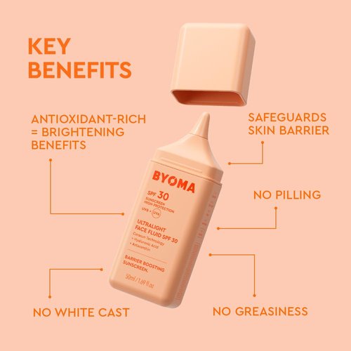 BYOMA SPF 30 Face Fluid - Ultra-Lightweight Sunscreen for All Skin Tones - Luminous Glow, No White Cast - 1.69 fl. oz