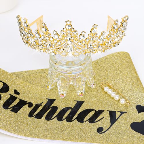 CURASA Birthday Sash and Crown Gold Birthday Sash for Women Birthday Crown adult Women Giltter Its My Birthday Sash Birthday Tiara for Women Girls Princess Crown Birthday Decoration Party Favors Gifts