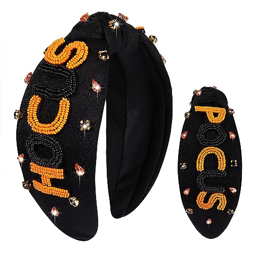 Halloween Headband Accessories for Women Crystal Pearl Knotted Headband Embellished Beaded Pumpkin Candy Corn Boo Headbands Rhinestone Jeweled Top Knot Headband Costume Party Favors (HOCUS POCUS 2)