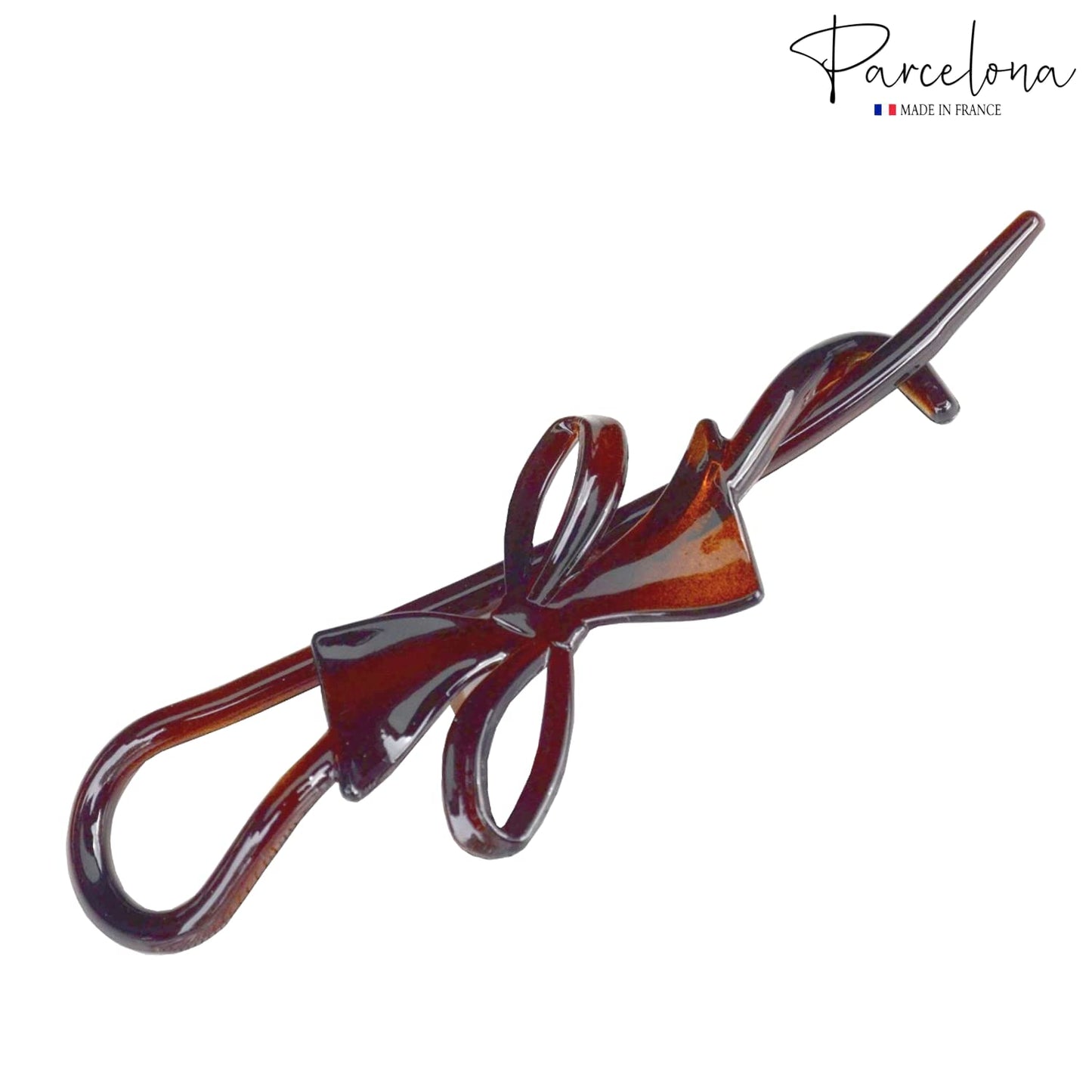 Parcelona French Twist n Clip Flower, Bow and Chain 4" Celluloid Metal Free Hair Barrette Clips Women Hair Accessories, Made in France (Tortoise Shell Brown)