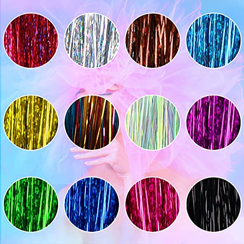 FEBSNOW 47 Inches Tinsel Hair Extension with Tool 12 Colors 2400 Strands Hair Extension Tinsel Kit Glitter Hair Extensions for Women Girls Hair Accessories for Christmas New Year Cosplay Party