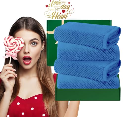 VOOVA & MOVAS Blue Hand Towels for Bathroom, 4 Pack Large 18" x 28" - 100% Cotton | Quick Dry | Thick | Soft | Lightweight, Bathroom Hand Towels, Luxury Towel Gift Set, Denim Blue