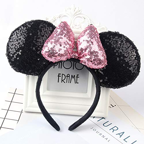 A Miaow 3D Black Mouse Sequin Ears Headband MM Glitter Butterfly Hair Clasp Park Supply Adults Women Photo Accessory (Black and Pink)