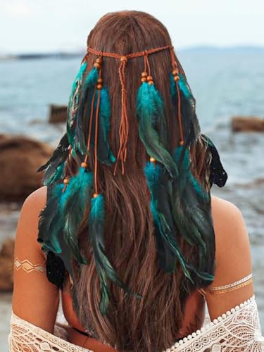 GORTIN Boho Feather Headband Hippie Headband Gypsy Feather Headpiece Indian Costume Headwear Hair Accessory for Women (A-Blue, One size)