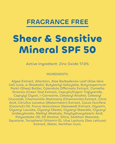 Seaweed Bath Co. Sheer Mineral Sensitive SPF 50 Broad Spectrum Sunscreen Spray, Fragrance Free, Sustainably Harvested Seaweed, Sea Lettuce, Aloe
