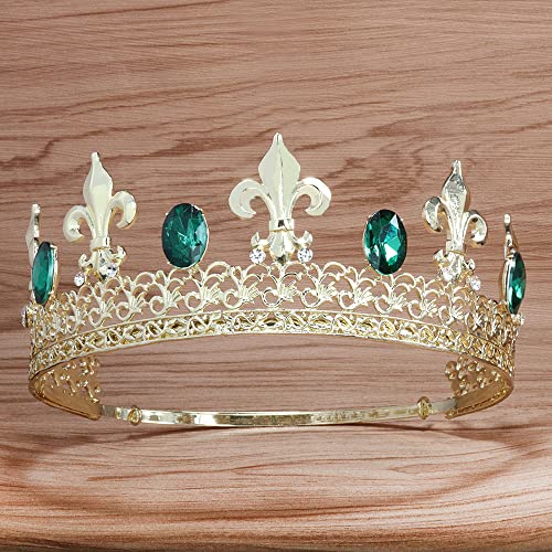 Crown Crystal Rhinestone Tiaras Bridal Headdress King Wedding Hair Accessory For Birthday Party Show Prom Photography (Gold Green)