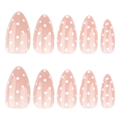 Polka Dot Press on Nails Short Almond Fake Nails Cute False Nails Press ons with White Dots Design Full Cover Stick on Nail for Women Manicure,Glossy | Reusable | Nail Sticky Tab | Easy Apply | 24Pcs