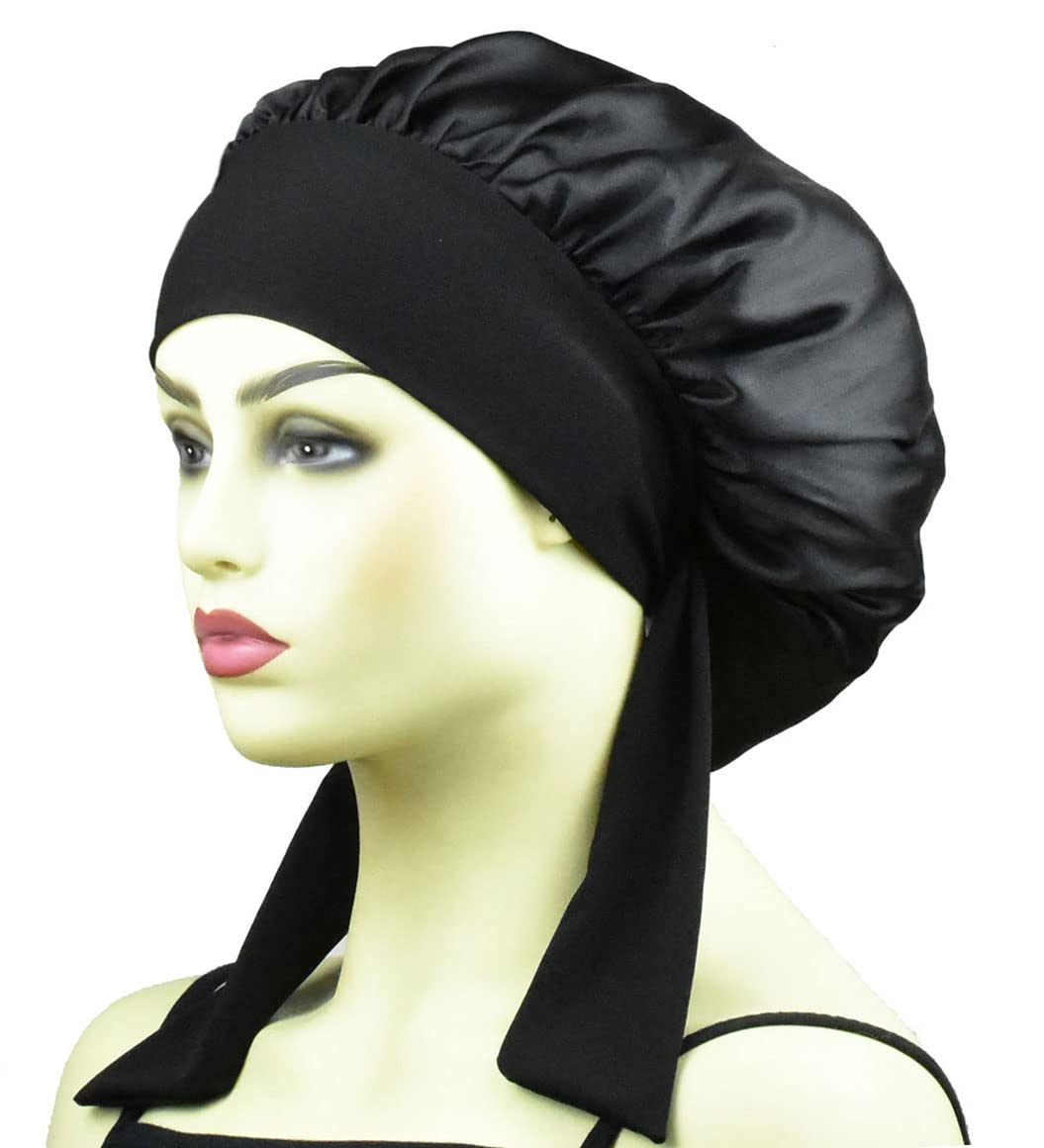 Silk Bonnet Satin Bonnet for Sleeping Curly Hair Cover Sleep Cap Silk Night Caps for Women Large Silk Sleep Bonnet with Tie (Black + Pink + Light Purple)