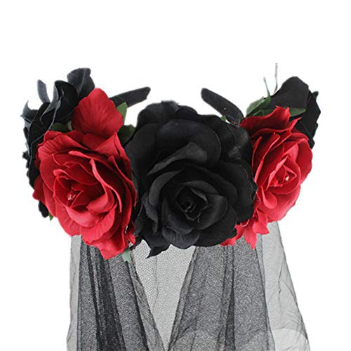 Beaupretty Halloween Headband with Roses Veil Day of the Dead Headpiece Flower Crown Veil