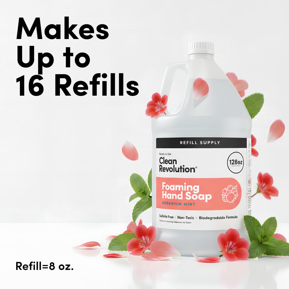 Clean Revolution Foaming Hand Soap - Gentle & Moisturizing Formula with Real Essential Oils | Geranium Mint, 128 Fl Oz