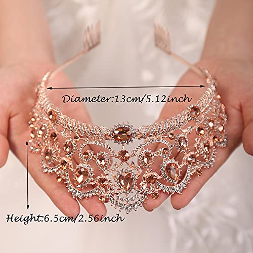 JWICOS Champagne Crystal Crown with Comb Princess Tiara for Women and Girls Engagement Wedding Crown for Brides and Bridesmaid