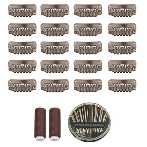 30pcs Hair Extension Clips U-Shape Stainless Steel Snap Clips for Wigs and Hair Extensions and Hairpieces, 30 Assorted Sewing Needles and 2 Rolls Thread (Dark Brown)