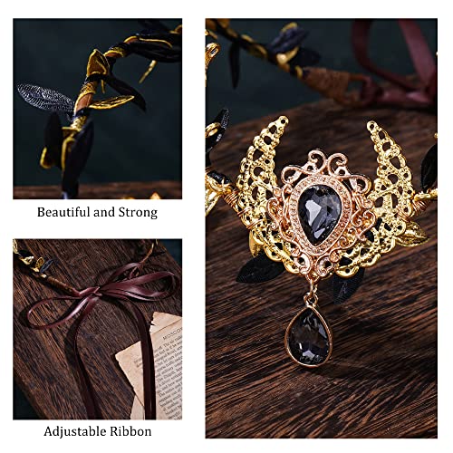 MOSTORY Handmade Black Moon Elf Crown - Woodland Fairy Headpiece Forest Flower Circlet Celtic Tiara for Women Witch Renaissance Halloween Cosplay Costumes