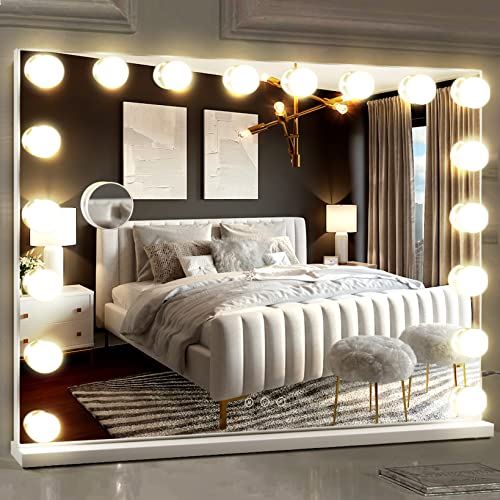 M MIVONDA Hollywood Vanity Mirror with 18 Bulbs Lights, Large Lighted Makeup Mirror for Desk and Wall, Dimmable 3 Lighting Modes, Plug-in & USB Charger Port, White