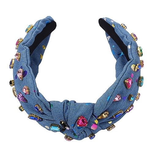 MOLOCH Crystal Knotted Headbands for Women Floral Heart Rhinestone Headbands Jeweled Embellished Wide Headband Summer Beach Party Hair Accessories (Blue)