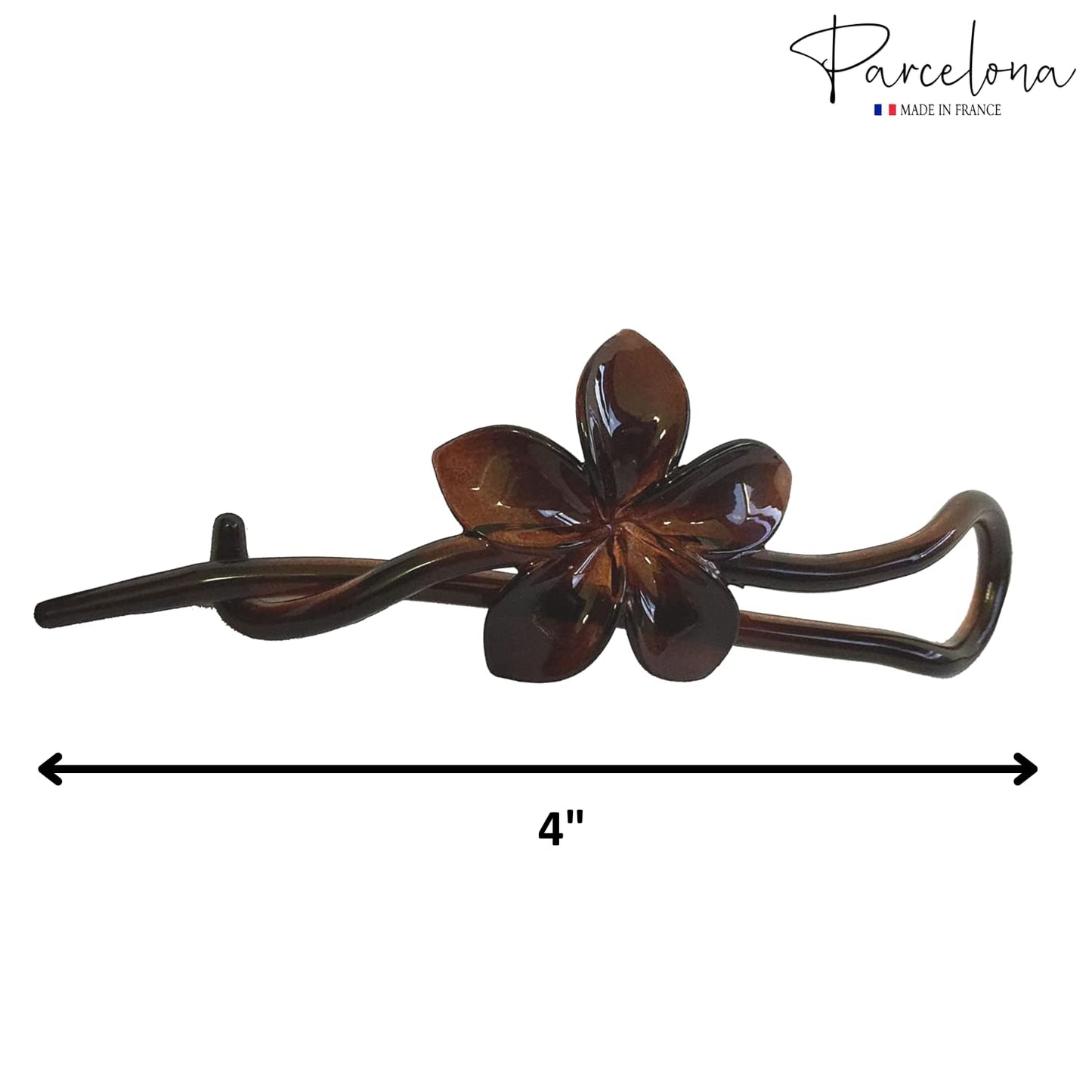 Parcelona French Twist n Clip Flower, Bow and Chain 4" Celluloid Metal Free Hair Barrette Clips Women Hair Accessories, Made in France (Tortoise Shell Brown)