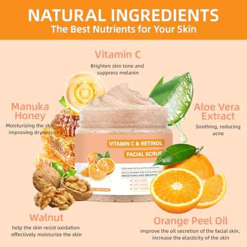 Vitamin C Face Scrub, Exfoliating Facial Wash with Retinol, Facial Scrub,Facial Exfoliating Scrub, Facial Scrubs for Women,Deep Cleansing Face Wash Cleanser for Women Men