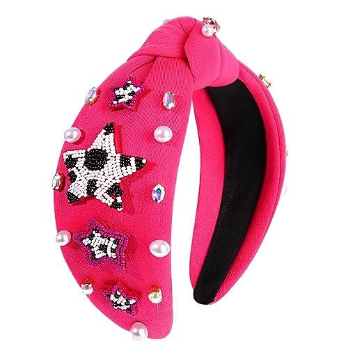 Hot Pink Knotted Headband Western Cowgirl Headband Accessories for Women Beaded Cowboy Boot Embellished Headband Rhinestone Crystal Pearl Top Knot Headband Rodeo Nashville Bachelorette Party Country