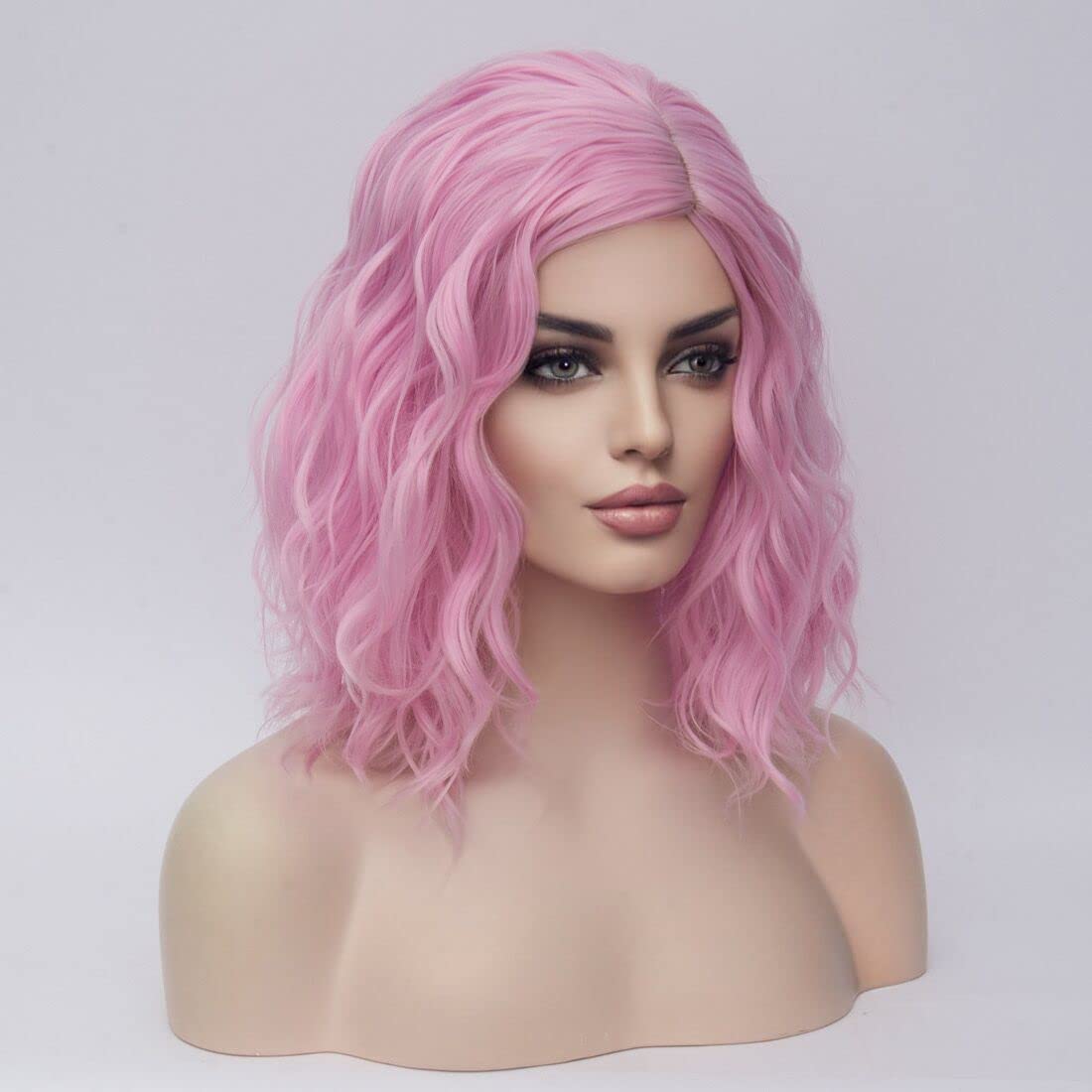 MAGQOO Pink Wig for Women Short Pink Wig Pink Bob Wig Short Curly Wavy Pink Hair Wigs Synthetic Halloween Cosplay Costume Party Wigs