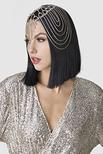 BABEYOND Vintage Style Roaring 20s Crystal Rhinestone Flapper Cap Headpiece Head Jewelry Chains (Gold)