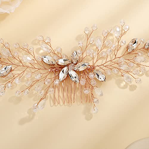 Teyglen Women Rhinestones Flower Bride Wedding Hair Comb Headband Handmade Hair Pieces Hair Accessories Shiny Crystals Bridal Side Hair Combs for Women Bride Girls (Rose Gold)