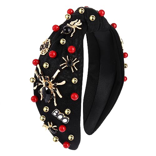 ZITULRY Halloween Headband for Women Spider Candy Corn Crystal Jeweled Embellished Wide Top Knot Hairband Rhinestone Knotted Headband